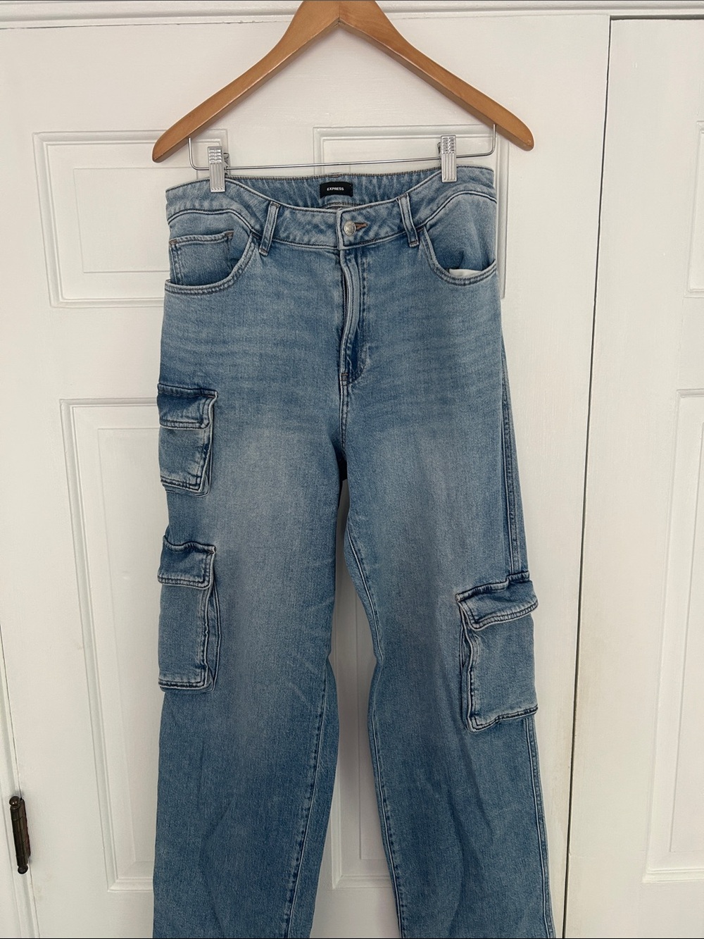 Express Light Blue Relaxed Cargo Jeans for Women